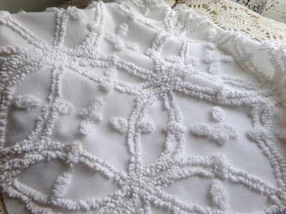 timeless white vintage chenille fabric, classic wedding ring & pop design, 18" x 24" piece of sewing, craft, quilt material