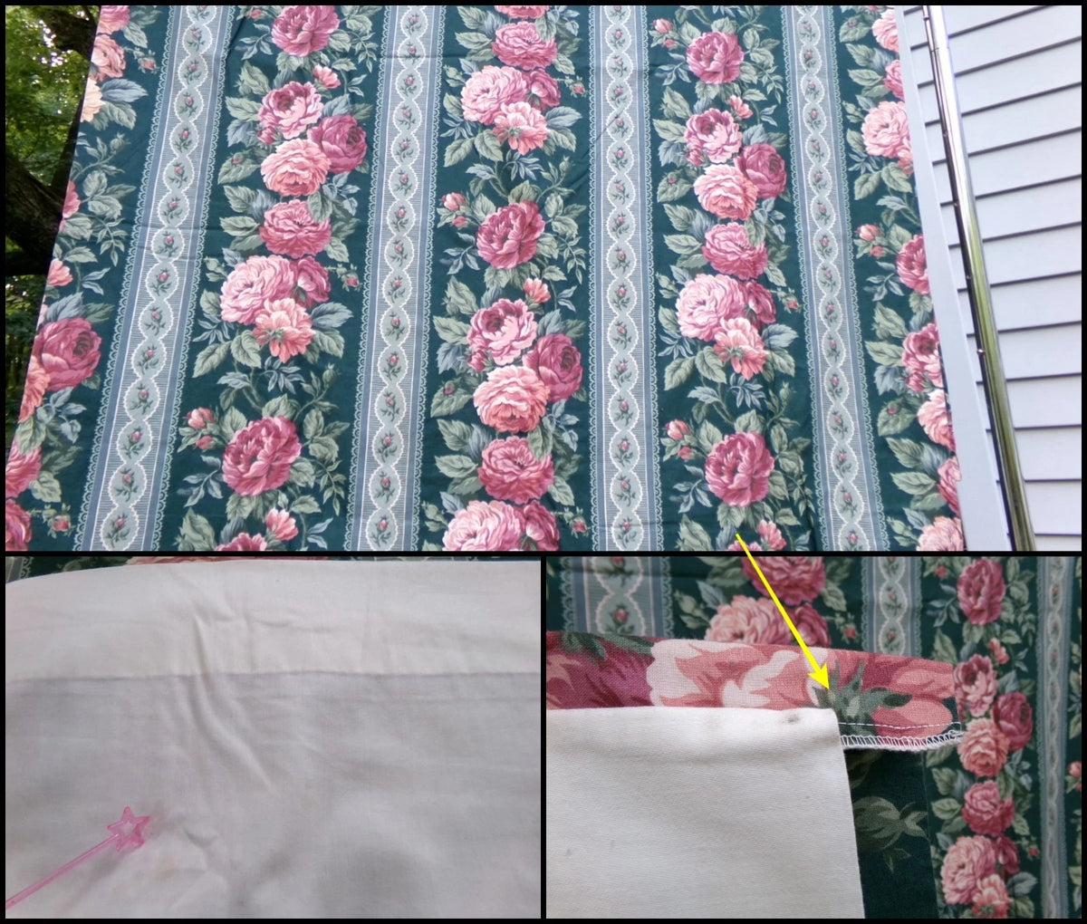 Vintage Rose Curtain Drapery Panel, Deep Green Lined SINGLE Window Drape 82"L