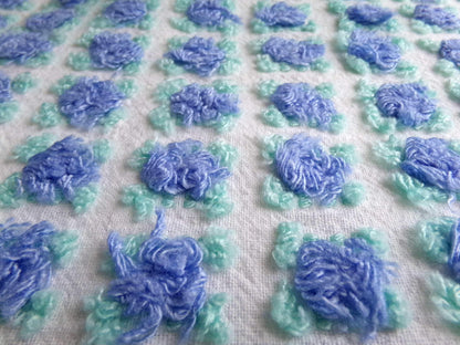 periwinkle blue rosebud chenille fabric, 20" x 24" inch piece cut from NOS vintage chenille bedspread, lovely blue roses quilt material
