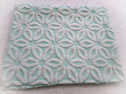 aqua & white daisy vintage chenille fabric, 20" x 24" piece of cottage style sewing quilt material
