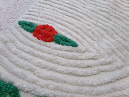 red cabbage rose vintage chenille fabric: 20" x 24" piece w/ white tufts & pom pom trim