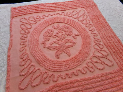 rose cameo vintage chenille fabric, peach needletuft floral bouquet & bow, 20" x 24" inch piece for quilting, sewing