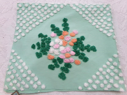 jade green floral vintage chenille fabric: handmade antique cotton sewing material for quilting, crafts, 31" x 24" piece