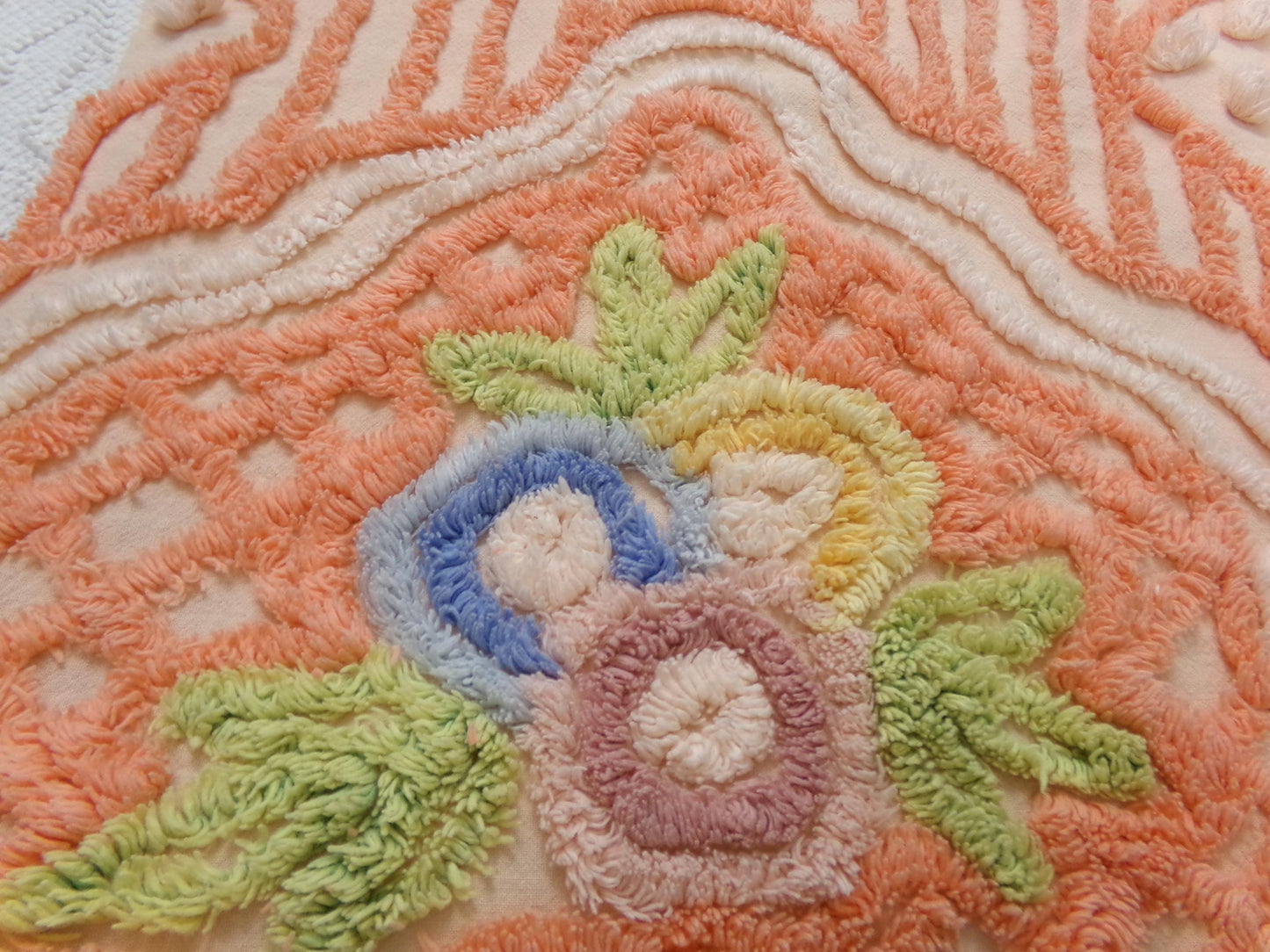Vintage Cotton Chenille Fabric Peach Mixed Lattice Swag Floral 22x30 Shabby Chic Craft