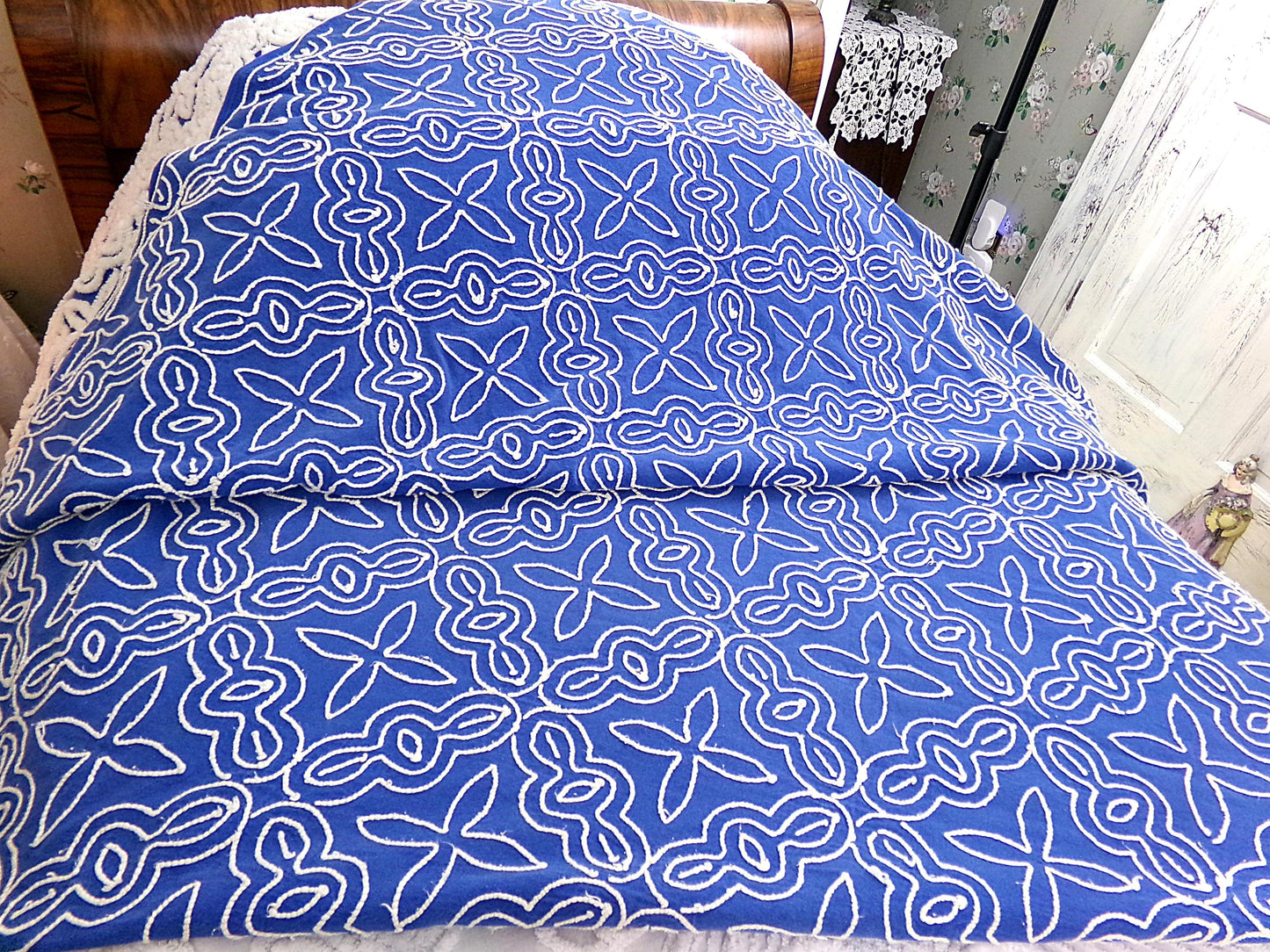 Mystic Gothic Cross Vintage Chenille Bedspread, Plush White Tufting on Cobalt Blue, 100% Cotton Luxury Full Size Bedding