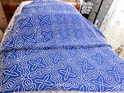 Mystic Gothic Cross Vintage Chenille Bedspread, Plush White Tufting on Cobalt Blue, 100% Cotton Luxury Full Size Bedding