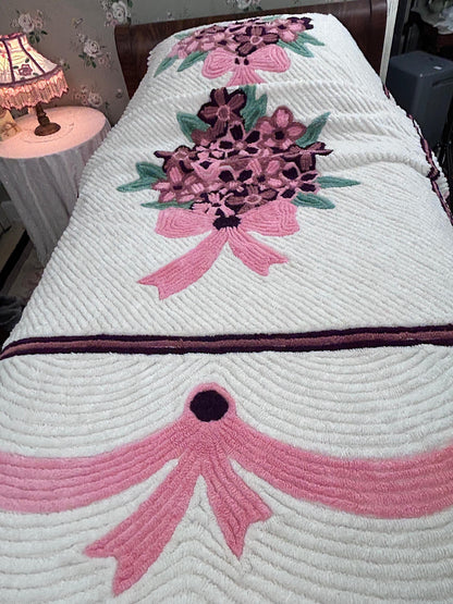 Heirloom Vintage Chenille Bedspread, Plush Full Floral Bouquet & Bow Swag Design