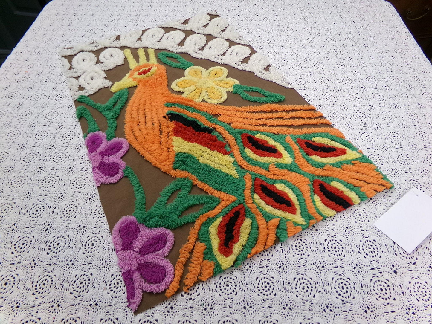 peacock vintage chenille bedspread fabric boho bird brown orange 14x21" small piece