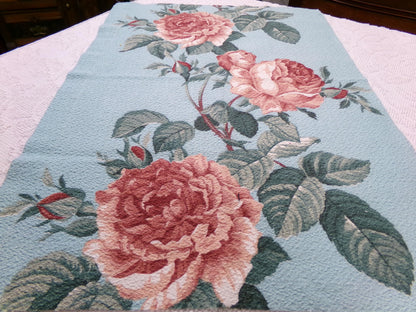 Vintage 1940s Barkcloth Fabric Aqua Blue Pink Roses Botanical Mid-Century Shabby, 18" x 26"