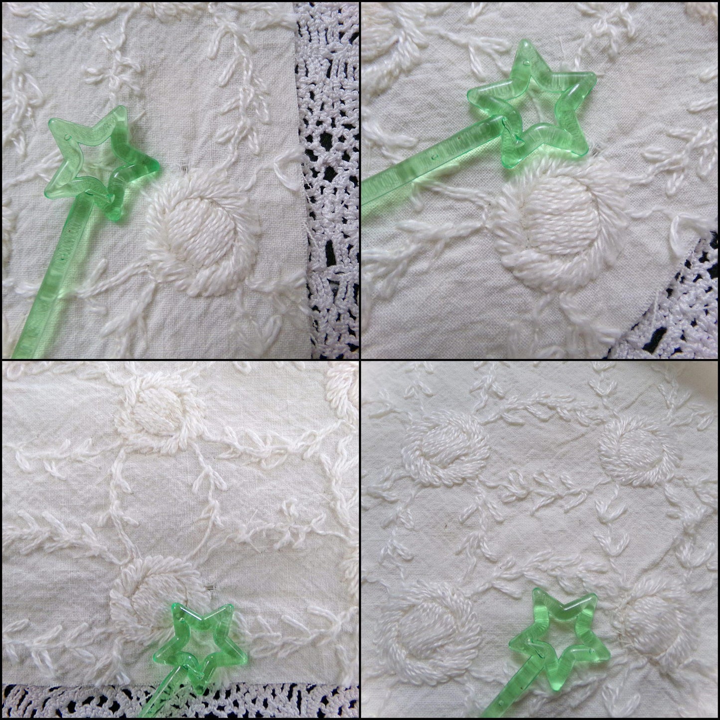 Ivory Embroidered Vintage Fabric Piece 20x24" Candlewick Style Lattice Daisy Medallions