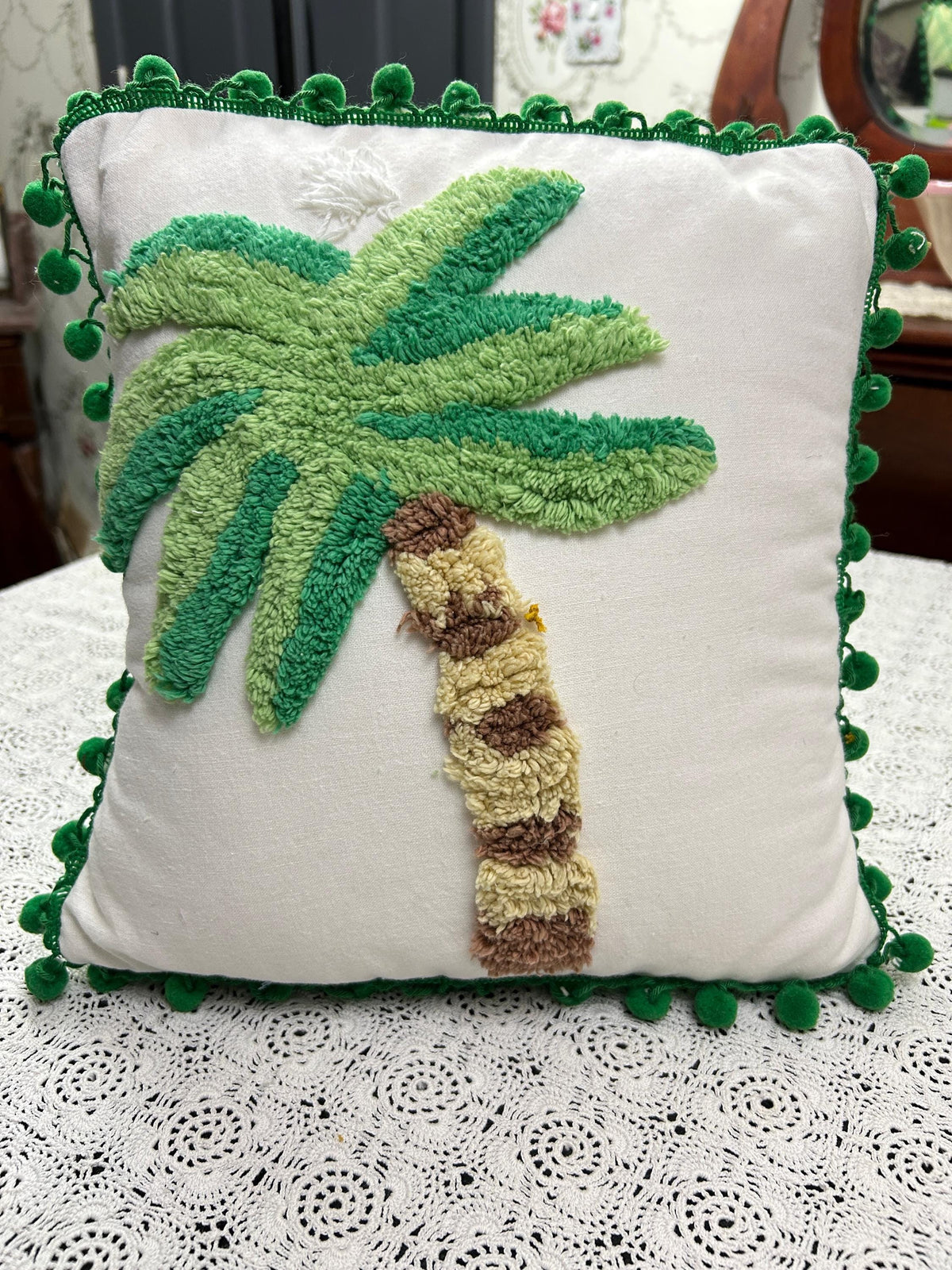 Palm Tree Vintage Chenille Pillow Cover Reversible 12" Square, Tropical Bungalow