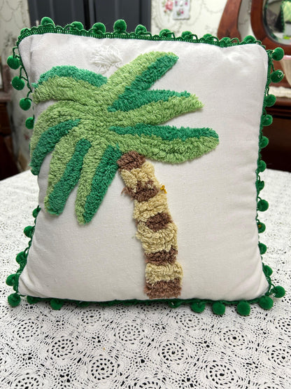 Palm Tree Vintage Chenille Pillow Cover Reversible 12" Square, Tropical Bungalow