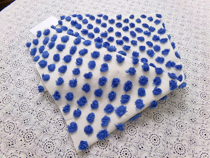 royal blue pops vintage chenille bedspread fabric handtufted white cotton 20x24"