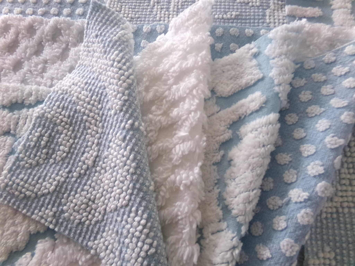 coastal chill chenille fabric squares, cool blue & white dot, diamond geometric patterns, set of 16 vintage quilt blocks 6" each for sewing