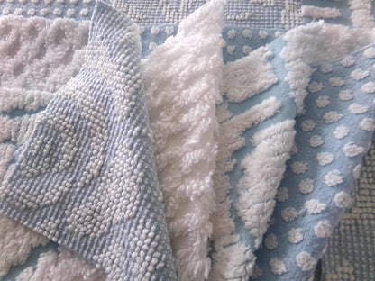coastal chill chenille fabric squares, cool blue & white dot, diamond geometric patterns, set of 16 vintage quilt blocks 6" each for sewing