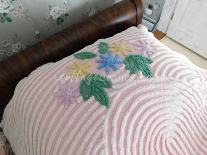 shabby girl pink vintage chenille bedspread, large flower basket & white swirls, full size summery cotton bedding