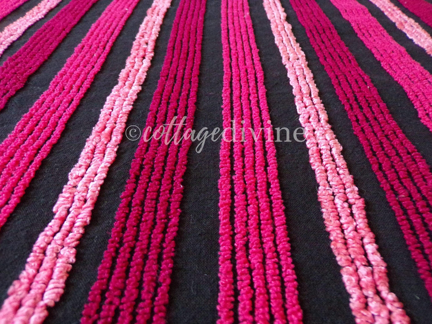 Pink on Black Stripes Vintage Chenille Fabric in Multisize Striped Pattern, 20" x 24" Piece, Shabby Chic Lightweight Cotton