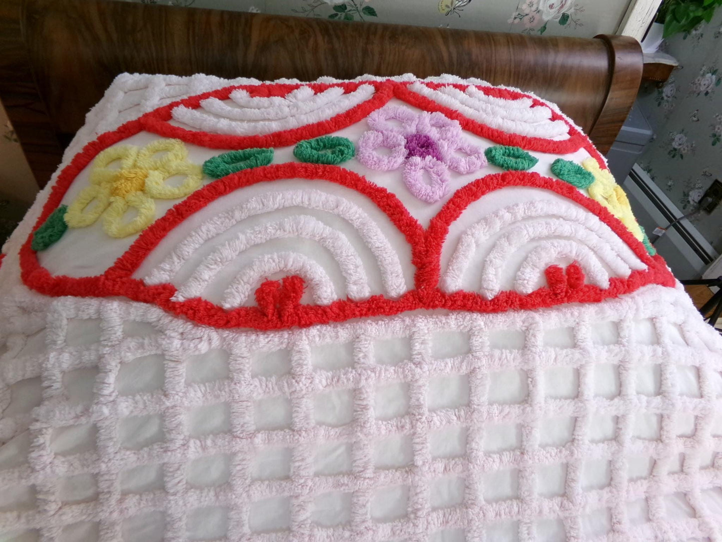 Sprawling Peacock Vintage Chenille Bedspread, Boho Red Green & White Cotton Full Size