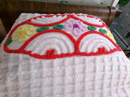 Sprawling Peacock Vintage Chenille Bedspread, Boho Red Green & White Cotton Full Size