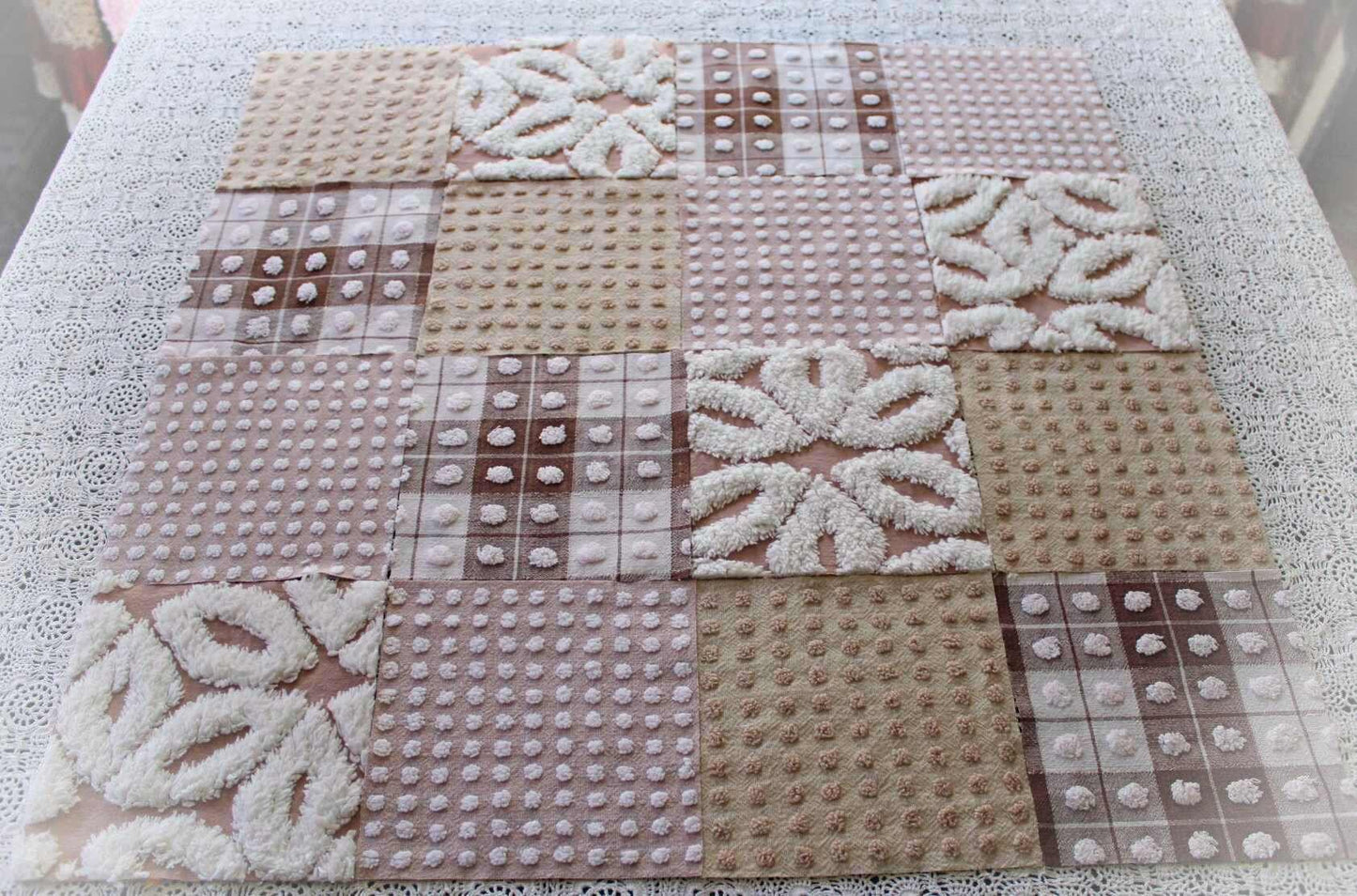 Cozy Mocha Chenille Quilt Squares Set, from Vintage Bedspread Fabric, 16 Blocks, 6" x 6" inches each, Pops & Daisies