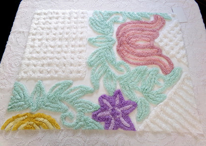 big pink tulip vintage chenille fabric, tropical floral design on white cotton, 18" x 24" piece, upcycle for wallhanging, pillows