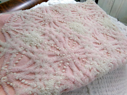 luxury pink vintage chenille fabric, 17x26" pc heavily tufted celestial snowflake spoke design