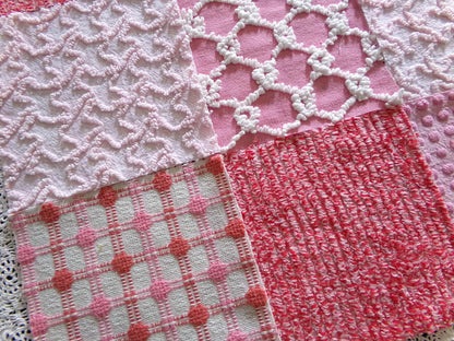Pink *Strawberry Shortcake* Colors Vintage Chenille Fabric Squares, Set of 17 Adorable 6" Quilt Blocks for Quilting, Sewing