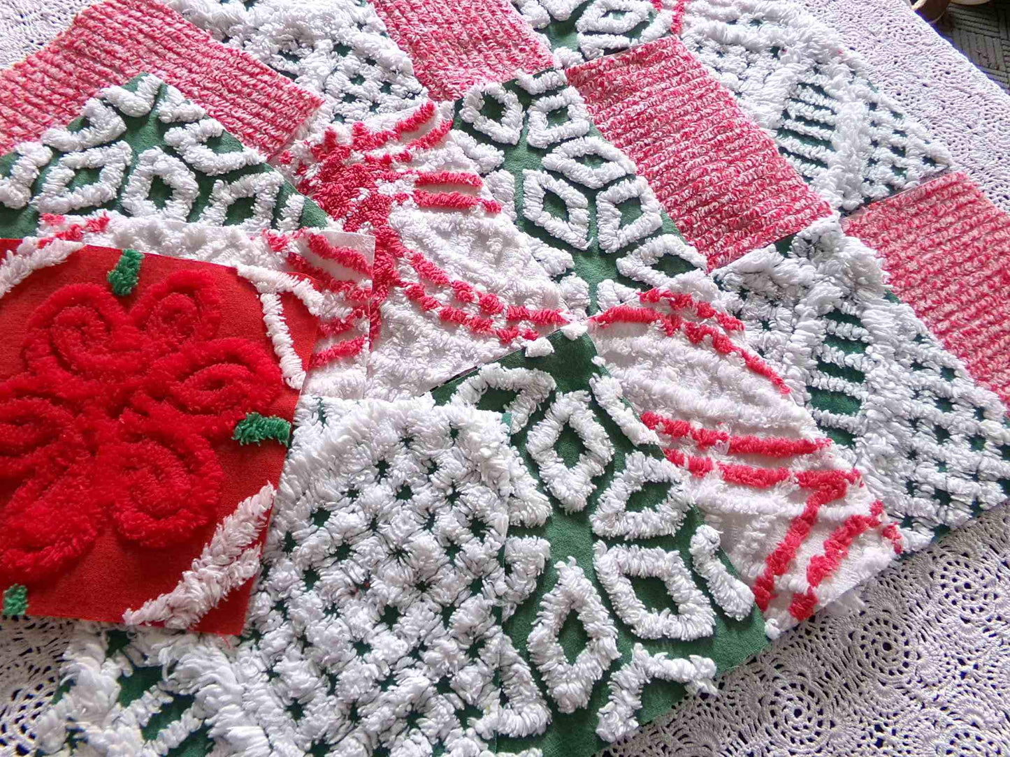 Vintage ChristmasChenille Fabric Squares, Set of 17 Festive Red, White & Green 6" Cotton Quilt Blocks
