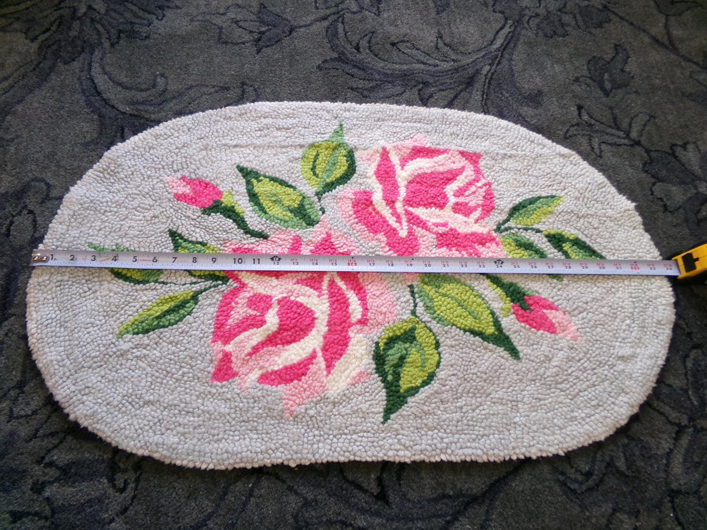 Cottage Shabby Vintage Oval Chenille Rug, Pink Roses on Grey, 20" x 33" Inches, Handmade Small Accent Mat, Cotton