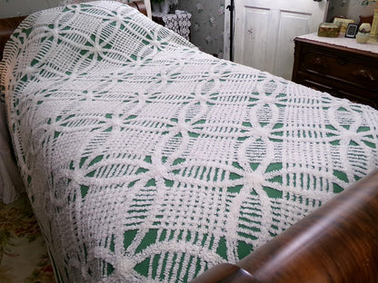 elegant evergreen vintage chenille bedspread, white geometric tufting, full size cotton bedding