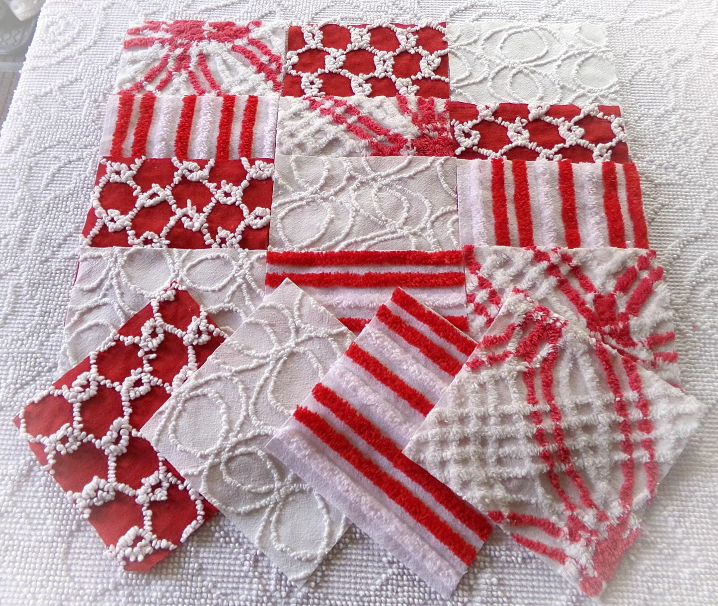 candy canes chenille fabric squares, red & white vintage craft square set of 16 blocks, 6" x 6" inch, great for Christmas stockings