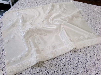 Vintage White Satin Chenille Bedspread Fabric, Shabby Chic 19x25" Piece