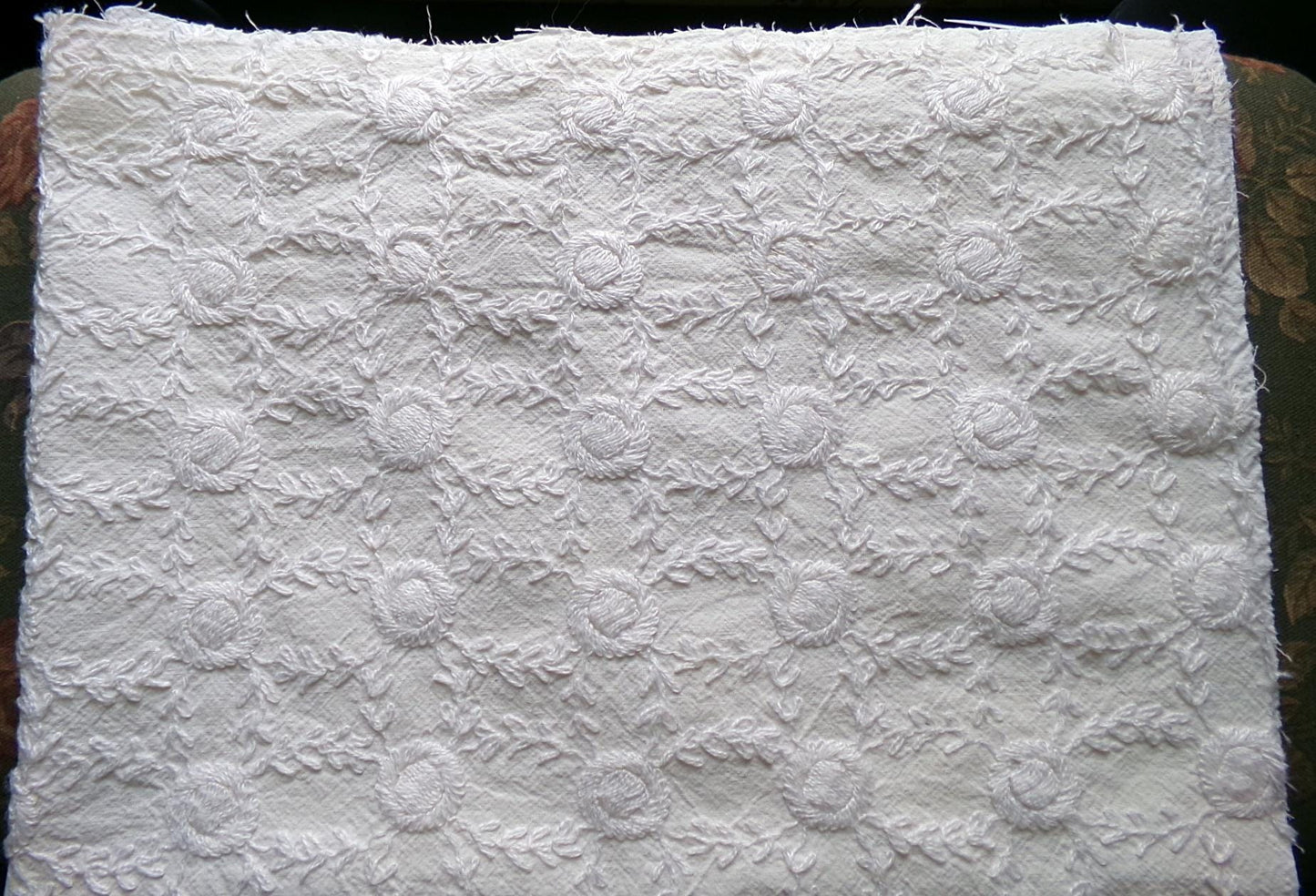 Ivory Embroidered Vintage Fabric Piece 20x24" Candlewick Style Lattice Daisy Medallions