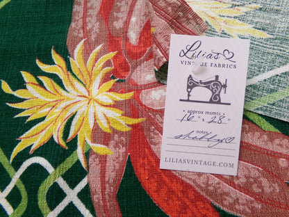 Shabby Vintage Barkcloth Fabric Tropical Tiki Hunter Green Exotic Lily Lattice 16x28"