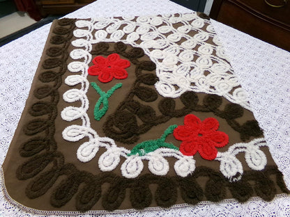 Rich Chocolate Vintage Chenille Bedspread Fabric Cherry Red Flowers 20x24"