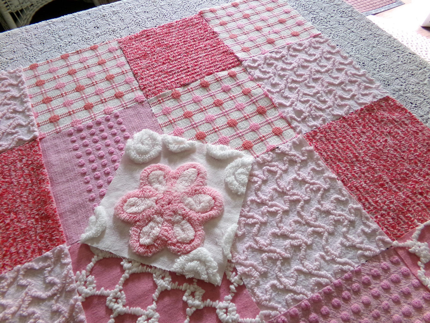 Pink *Strawberry Shortcake* Colors Vintage Chenille Fabric Squares, Set of 17 Adorable 6" Quilt Blocks for Quilting, Sewing