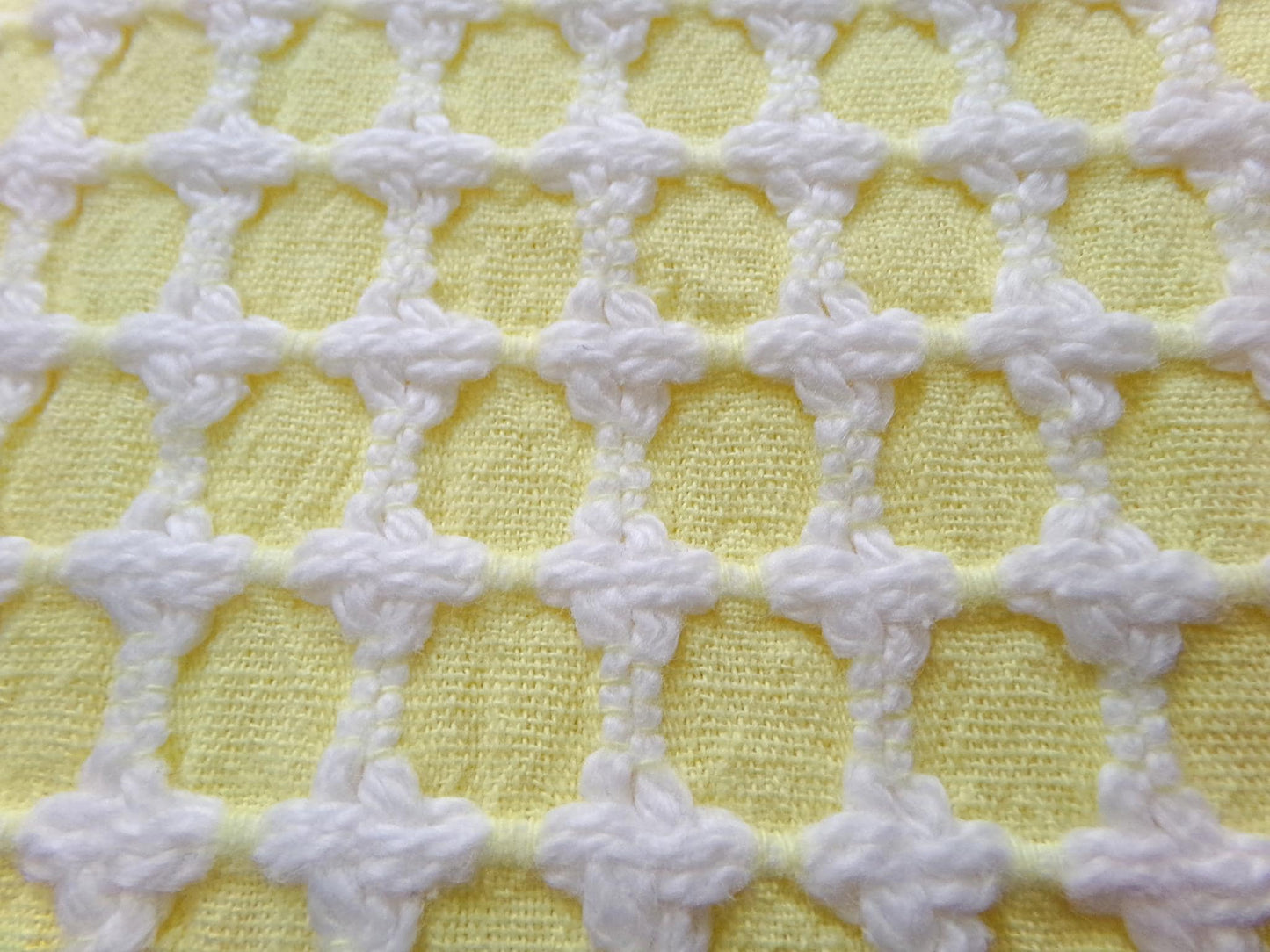 Lemon Yellow White Vintage Woven Chenille Fabric Lady Galt Honeycomb Crosses 18x24"
