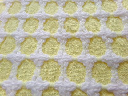 Lemon Yellow White Vintage Woven Chenille Fabric Lady Galt Honeycomb Crosses 18x24"