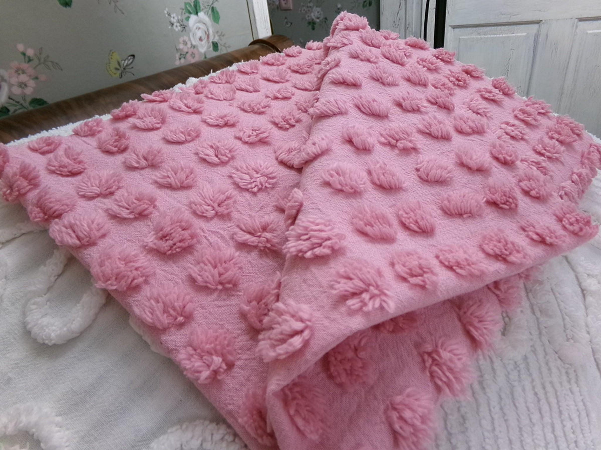 Pink Puffer Pops Vintage Chenille Fabric, Windswept Bobble Tufts, 18x24"