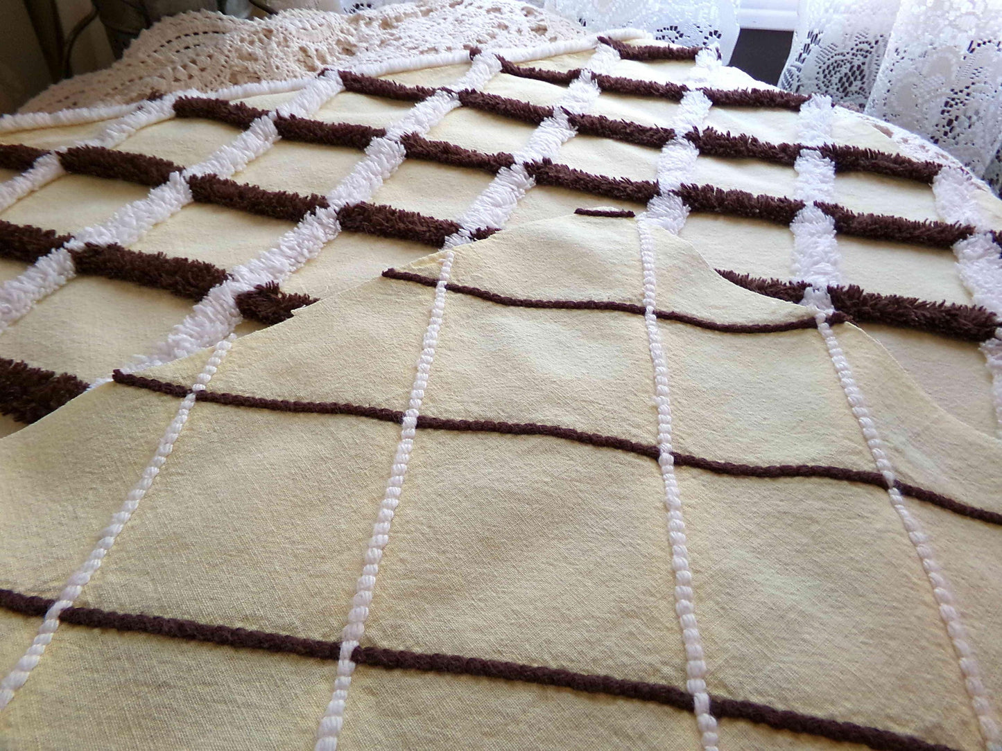 buttery yellow vintage chenille fabric in chocolate white crosshatch pattern, unique 20" x 25" piece of quilt material for crafts & sewing