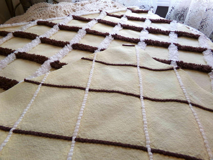 buttery yellow vintage chenille fabric in chocolate white crosshatch pattern, unique 20" x 25" piece of quilt material for crafts & sewing