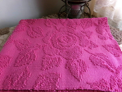 Fuchsia Pink Rose Vintage Woven Chenille Fabric, Reversible Hobnail 20" x 25" Piece Quilt Material