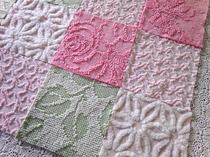 Flower Lady Vintage Chenille Squares, 16 Quilt Blocks, 6" inch in Sage Green, Petal Pink & Rose, from Chenille Bedspread Fabrics