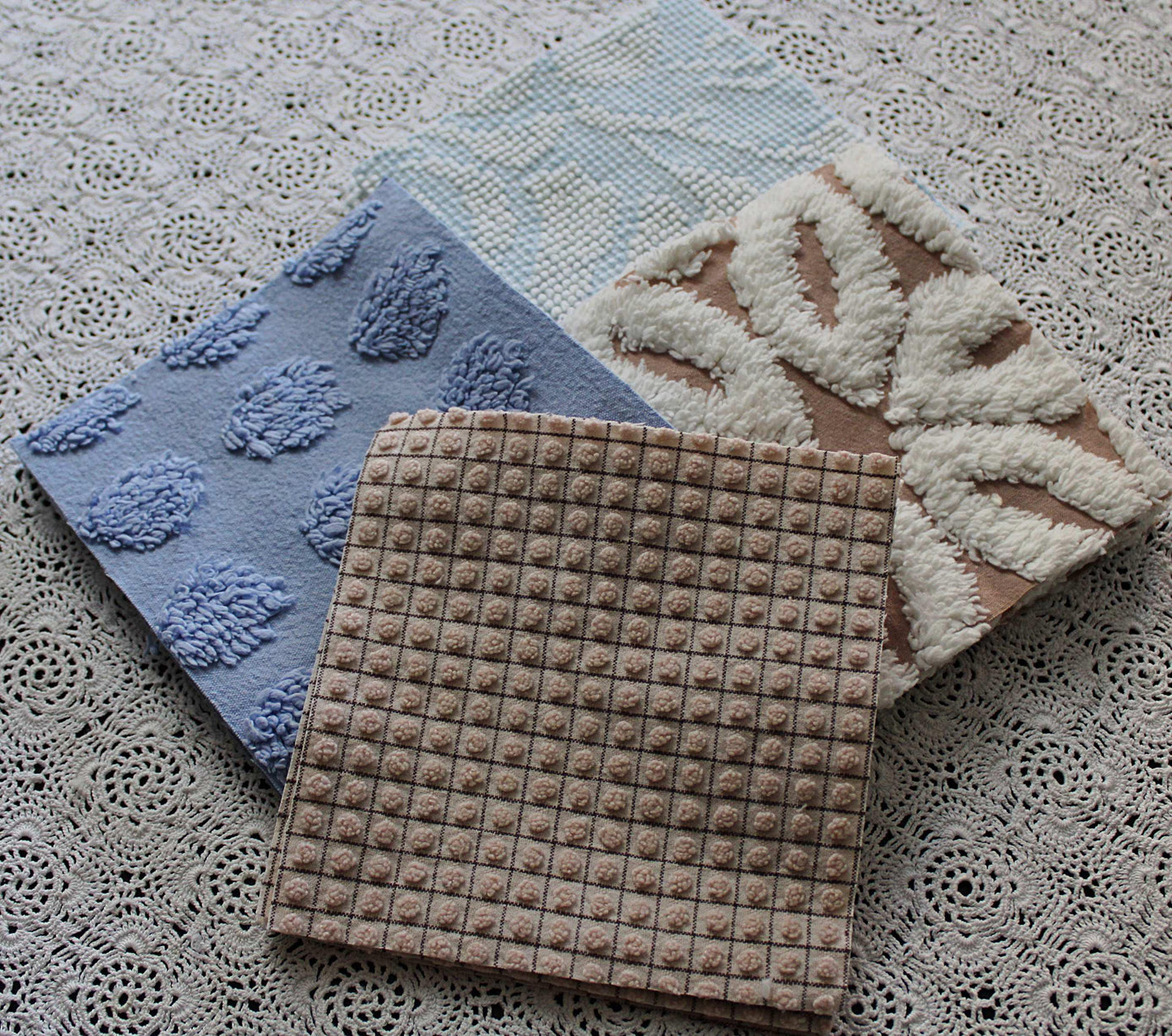 sky & sand vintage chenille fabric squares, set of 16 quilt blocks 6" each, modern dot, hobnail, geometric in blue, white, sand