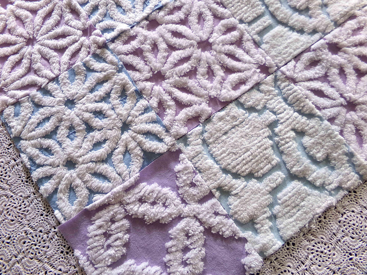 serene chenille fabric squares, dreamy blue, lilac & white, 17 vintage quilt blocks 6" x 6" inch, for pillows, quilting, crafts