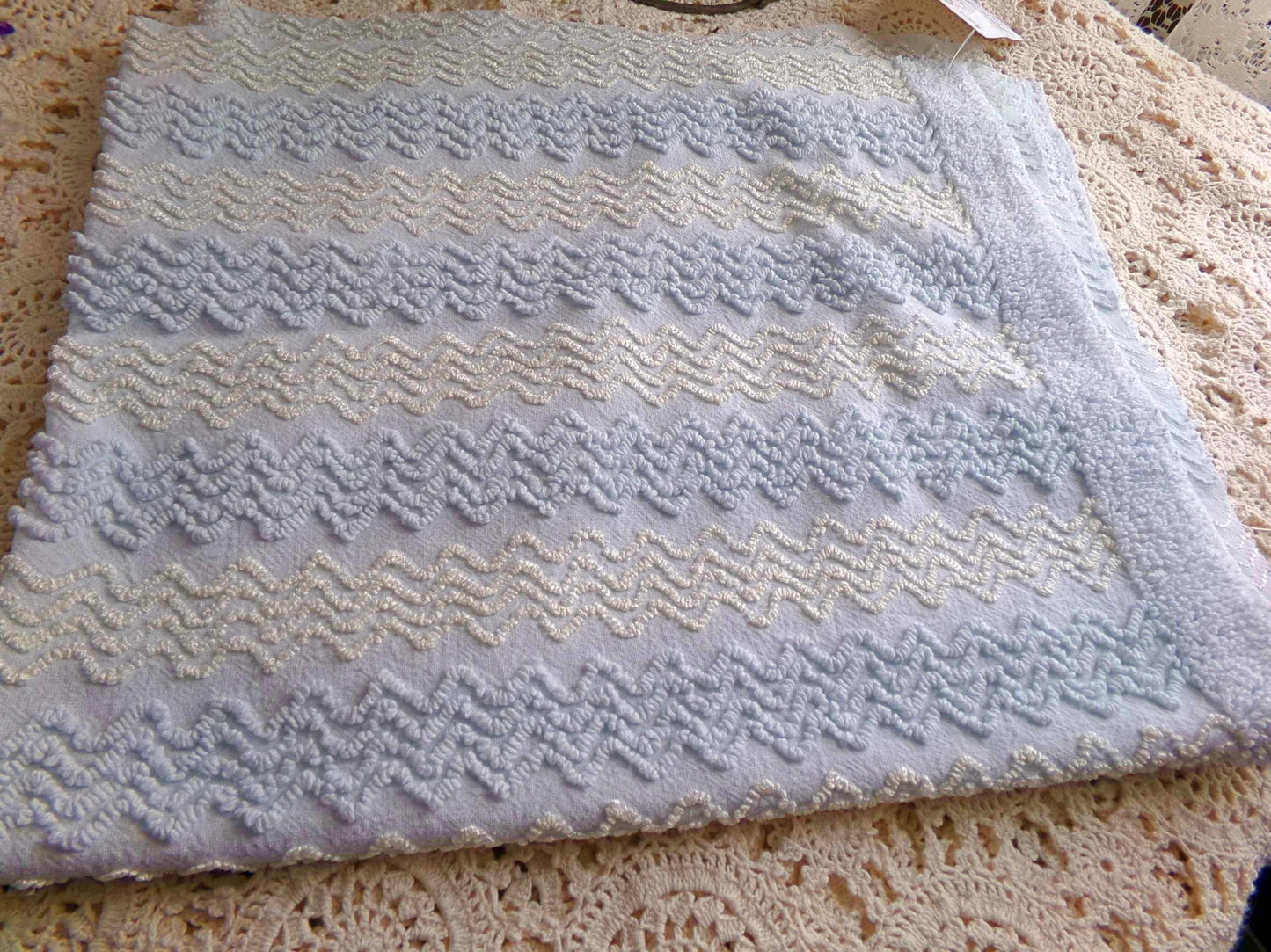 pastel blue & cream vintage chenille fabric, 24" x 18" inch cut piece, gentle zig zag texture, great quilt material for sewing