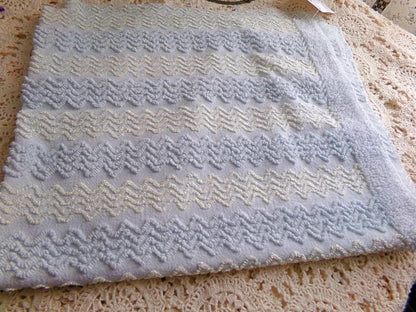 pastel blue & cream vintage chenille fabric, 24" x 18" inch cut piece, gentle zig zag texture, great quilt material for sewing