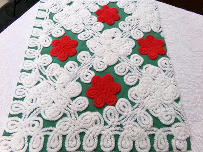 Evergreen Rose Vintage Chenille Fabric, white swirl sewing craft quilt material, 20" x 24" piece