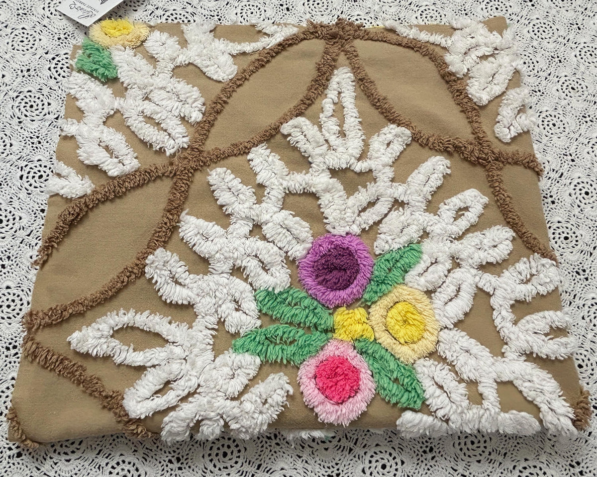Sculpted Vintage Chenille Fabric 27x24" Piece Chocolate Brown & White
