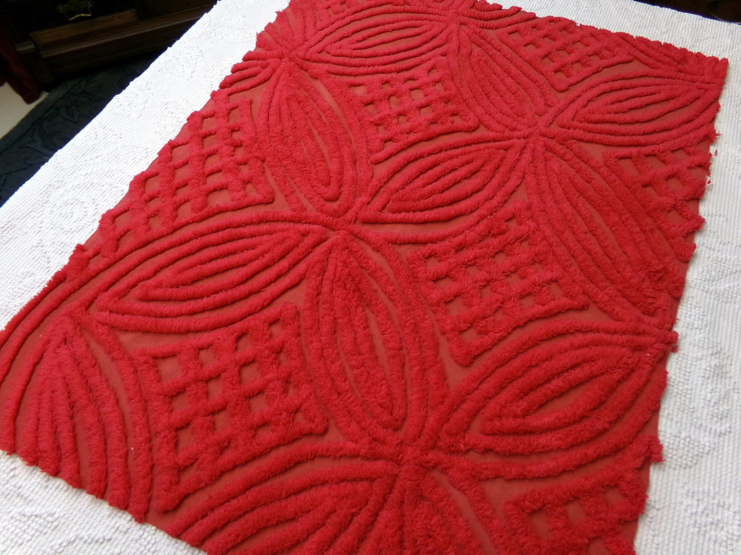 Vintage Chenille Bedspread Fabric Cherry Red Craft & Sewing Material 18" x 25"